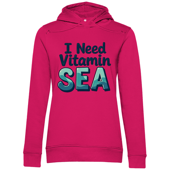 Sweatshirt mit Kapuze für Damen und Print I NEED VITAMIN SEA. Stoff-Farbe: Magenta Pink. Fernweh zum Anziehen? travelPrint4U