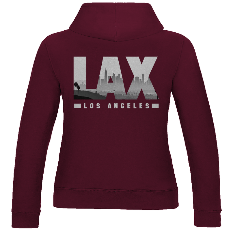Damen Sweatshirt in Burgund mit dem LAX Airport Code von Los Angeles. 2seitiges Design. Fernweh zum Anziehen von travelPrint4U