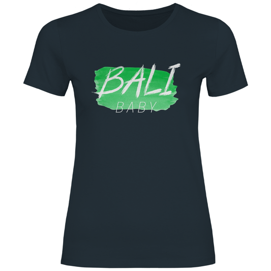 T Shirt für Damen in der Farbe Dark Grey Solid mit BALI BABY Print in White. Fernweh zum Anziehen mit travelPrint4U.de