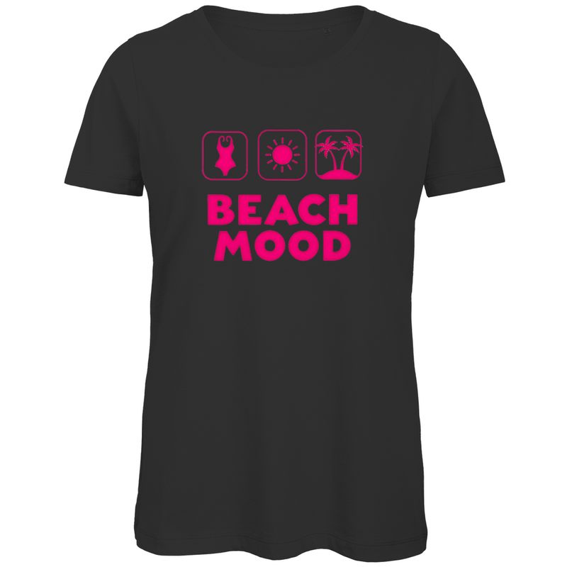T-Shirt für Damen mit BEACH MOOD Print in Pink. Stoff-Farbe: Black. Fernweh zum Anziehen? travelPrint4U.de