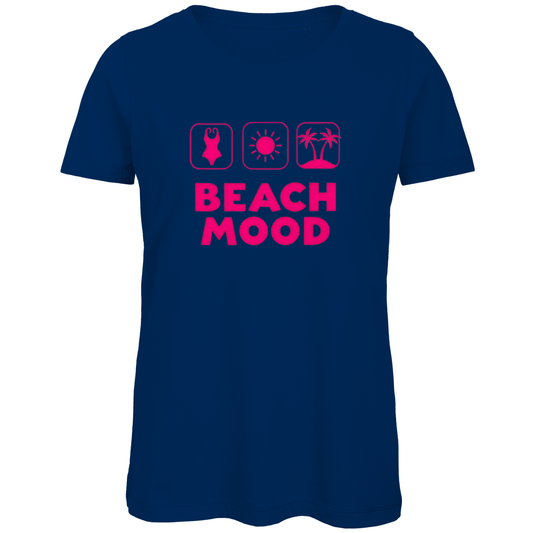 T-Shirt für Damen mit BEACH MOOD Print in Pink. Stoff-Farbe: Navy. Fernweh zum Anziehen? travelPrint4U.de