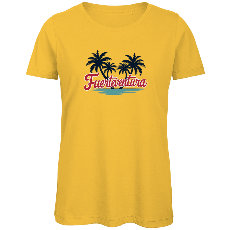 T Shirt für Damen in der Farbe Gold mit FUERTEVENTURA Schriftzug. Fernweh zum Anziehen mit travelPrint4U.de