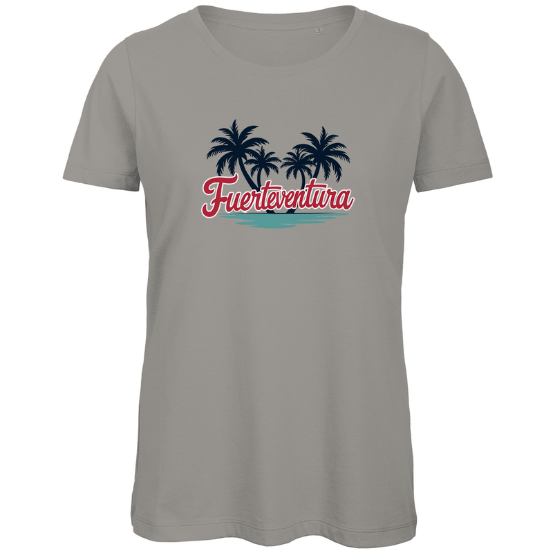 T Shirt für Damen in der Farbe Light Grey mit FUERTEVENTURA Schriftzug. Fernweh zum Anziehen mit travelPrint4U.de