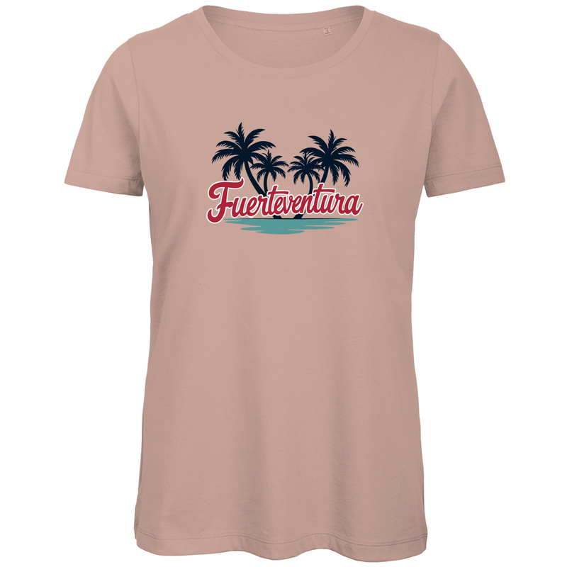 T Shirt für Damen in der Farbe Millennial Pink mit FUERTEVENTURA Schriftzug. Fernweh zum Anziehen mit travelPrint4U.de