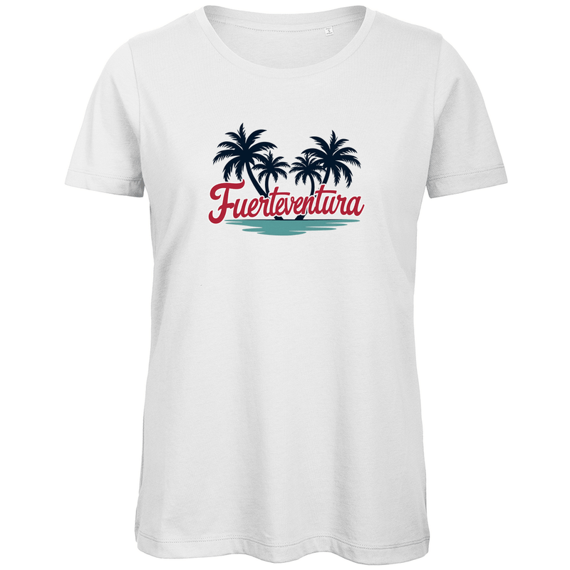 T Shirt für Damen in der Farbe White mit FUERTEVENTURA Schriftzug. Fernweh zum Anziehen mit travelPrint4U.de