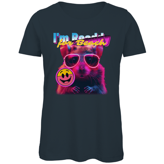 Damen Funshirt mit Hamster, I’M BEACH READDY. Bunter Print auf Dark Grey Stoff. Fernweh zum Anziehen? travelPrint4U.de