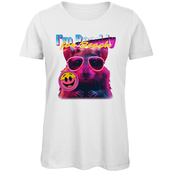 Damen Funshirt mit Hamster, I’M BEACH READDY. Bunter Print auf White Stoff. Fernweh zum Anziehen? travelPrint4U.de