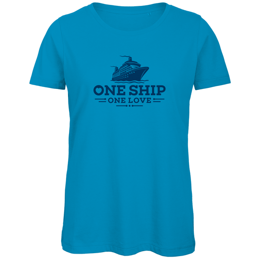 T Shirt für Damen mit ONE SHIP ONE LOVE (Herz) Print. Stoff-Farbe: Atoll. Fernweh zum Anziehen? travelPrint4U.de