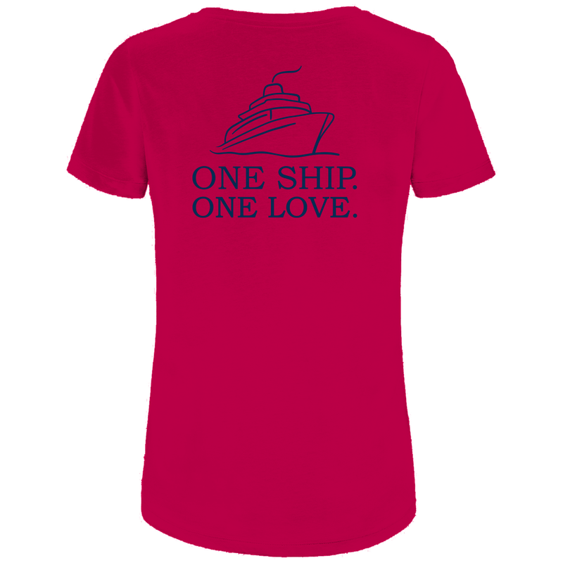 T Shirt für Damen mit ONE SHIP ONE LOVE Print (blau). Stoff-Farbe: Fuchsia. Fernweh zum Anziehen? travelPrint4U.de