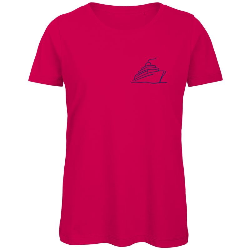 T Shirt für Damen mit ONE SHIP ONE LOVE Print (blau). Stoff-Farbe: Fuchsia. Fernweh zum Anziehen? travelPrint4U.de