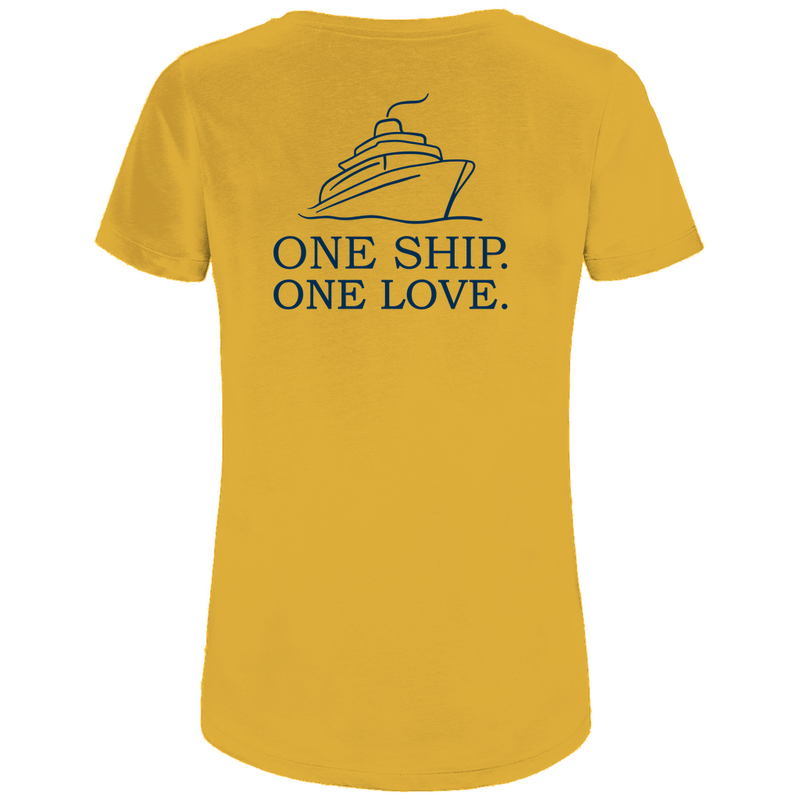 T Shirt für Damen mit ONE SHIP ONE LOVE Print (blau). Stoff-Farbe: Gold. Fernweh zum Anziehen? travelPrint4U.de