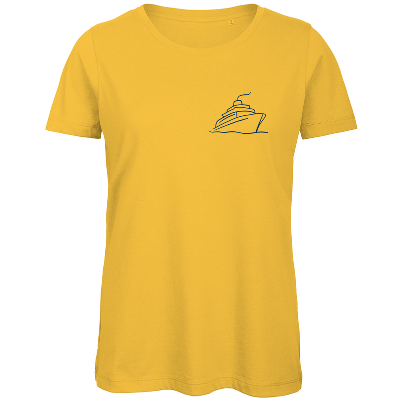 T Shirt für Damen mit ONE SHIP ONE LOVE Print (blau). Stoff-Farbe: Gold. Fernweh zum Anziehen? travelPrint4U.de