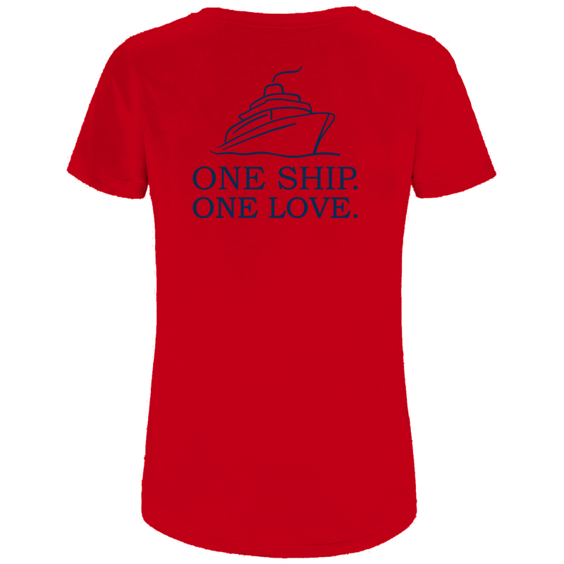 T Shirt für Damen mit ONE SHIP ONE LOVE Print (blau). Stoff-Farbe: Red. Fernweh zum Anziehen? travelPrint4U.de