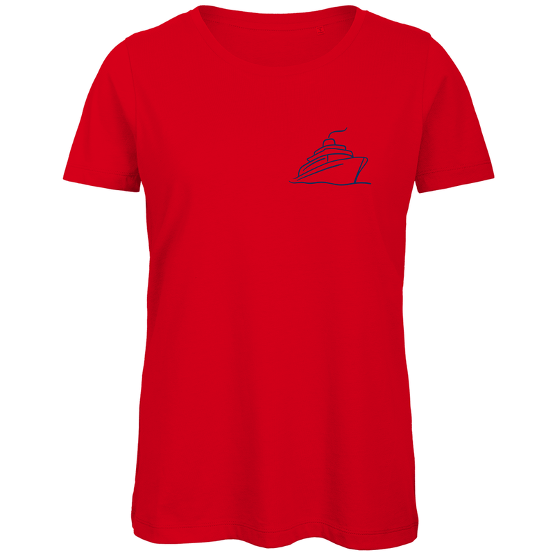T Shirt für Damen mit ONE SHIP ONE LOVE Print (blau). Stoff-Farbe: Red. Fernweh zum Anziehen? travelPrint4U.de