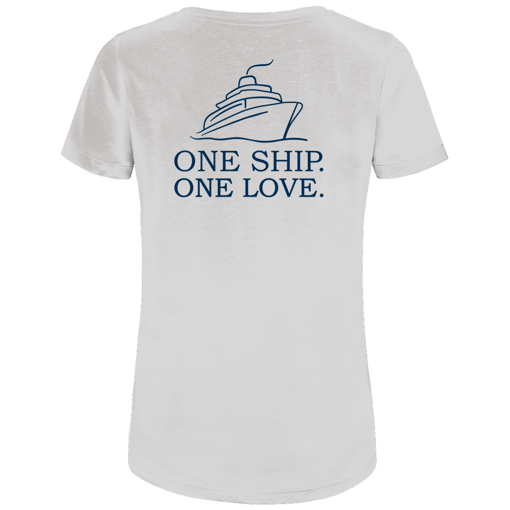 T Shirt für Damen mit ONE SHIP ONE LOVE Print (blau). Stoff-Farbe: White. Fernweh zum Anziehen? travelPrint4U.de