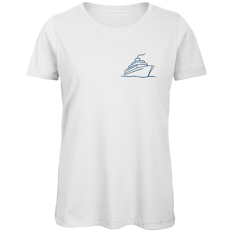 T Shirt für Damen mit ONE SHIP ONE LOVE Print (blau). Stoff-Farbe: White. Fernweh zum Anziehen? travelPrint4U.de