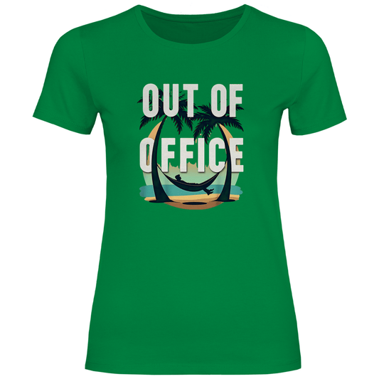 T Shirt für Damen in der Farbe Kelly Green, OUT OF OFFICE Print. Fernweh zum Anziehen mit travelPrint4U.de