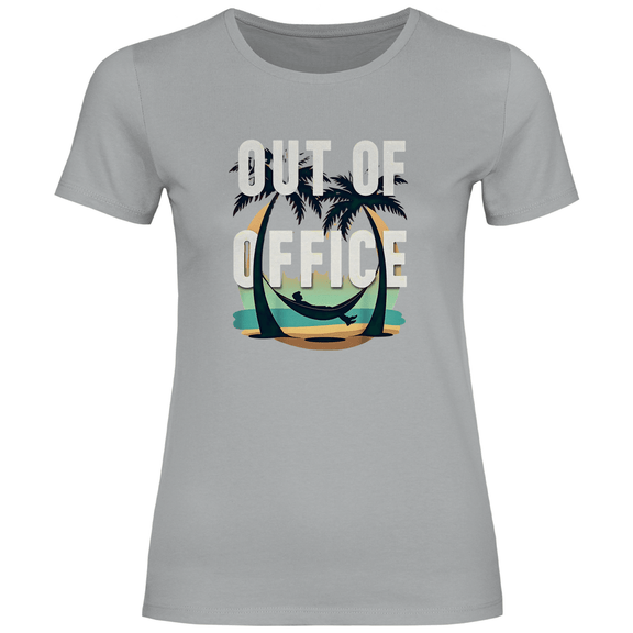 T Shirt für Damen in der Farbe Pacific Grey, OUT OF OFFICE Print. Fernweh zum Anziehen mit travelPrint4U.de