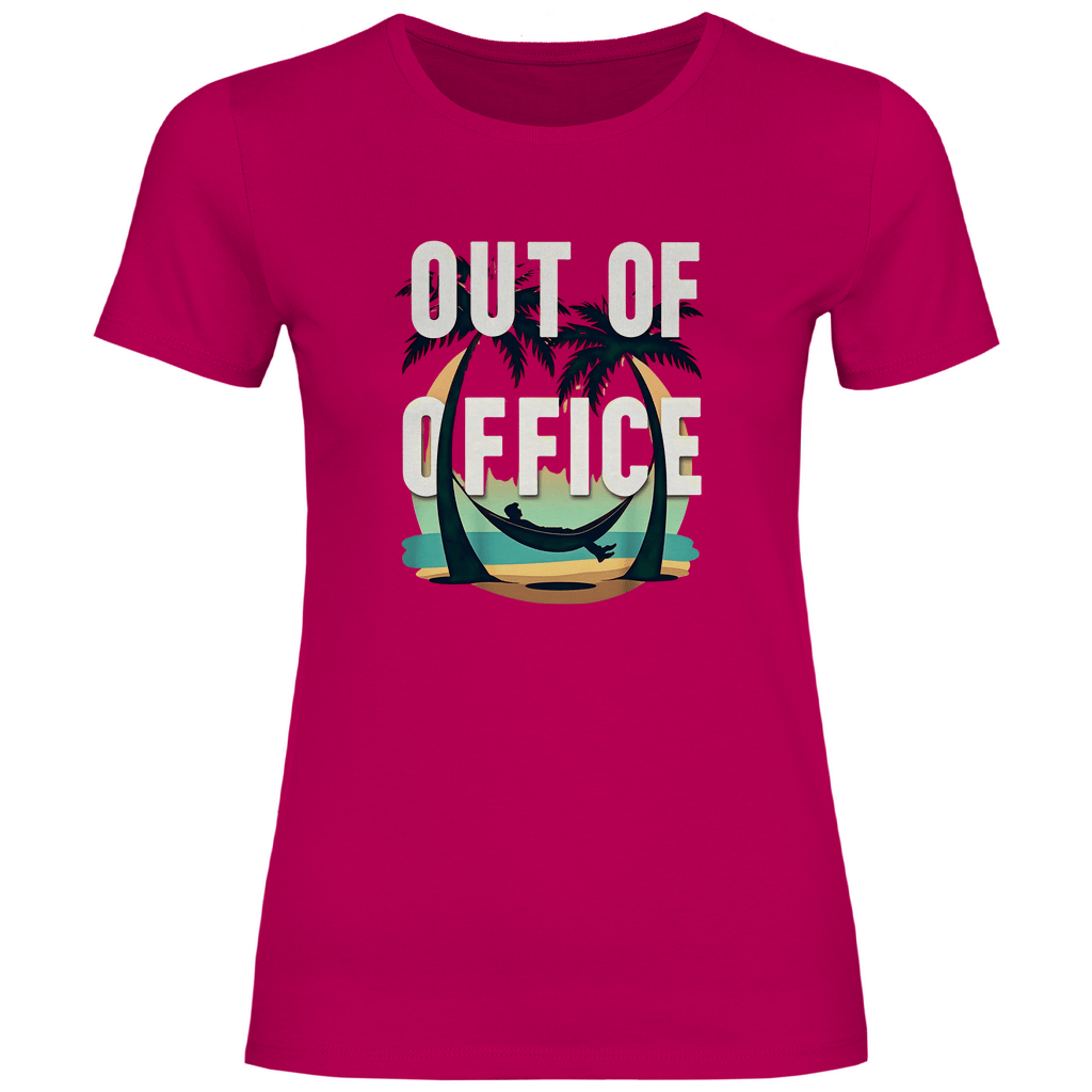 T Shirt für Damen in der Farbe Sorbet, OUT OF OFFICE Print. Fernweh zum Anziehen mit travelPrint4U.de
