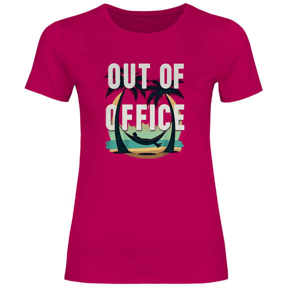 T Shirt für Damen in der Farbe Sorbet, OUT OF OFFICE Print. Fernweh zum Anziehen mit travelPrint4U.de