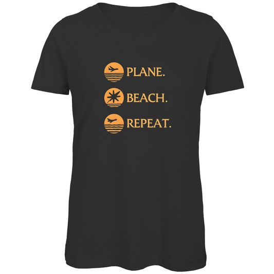 T Shirt für Damen in der Farbe Black mit PLANE BEACH REPEAT Print (Orange). Fernweh zum Anziehen? travelPrint4U.de