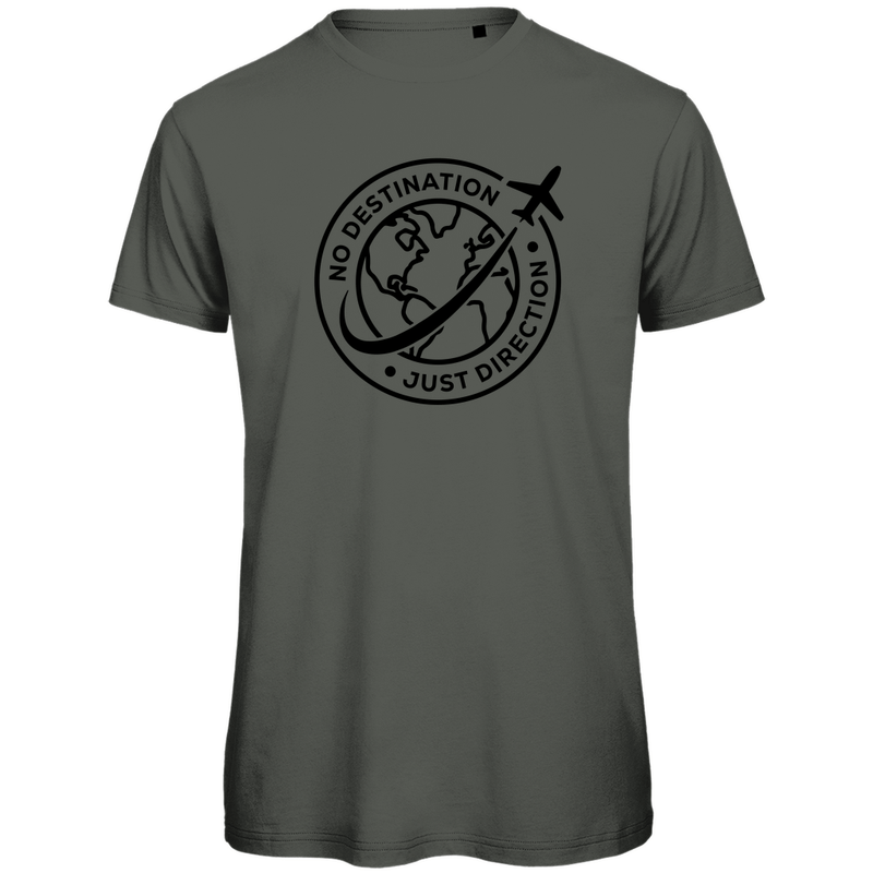 T Shirt für Herren mit starkem DESTINATION - DIRECTION Print (Black). Stoff: Mill. Khaki. Fernweh zum Anziehen? travelPrint4U