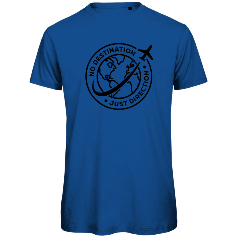 T Shirt für Herren mit starkem DESTINATION - DIRECTION Print (Black). Stoff: Royal Blue. Fernweh zum Anziehen? travelPrint4U