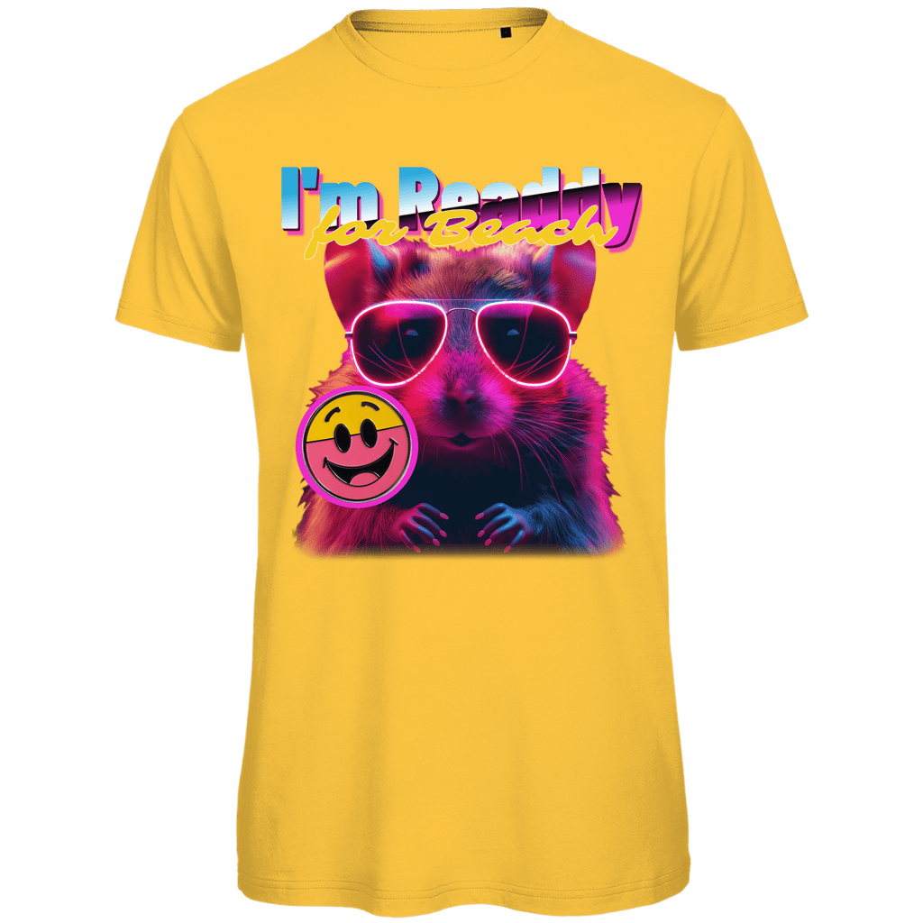 Herren Funshirt mit Hamster, I’M BEACH READDY. Bunter Print auf Gold Gelb Stoff. Fernweh zum Anziehen? travelPrint4U.de