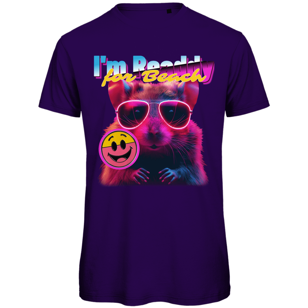 Herren Funshirt mit Hamster, I’M BEACH READDY. Bunter Print auf Urban Purple Stoff. Fernweh zum Anziehen? travelPrint4U.de