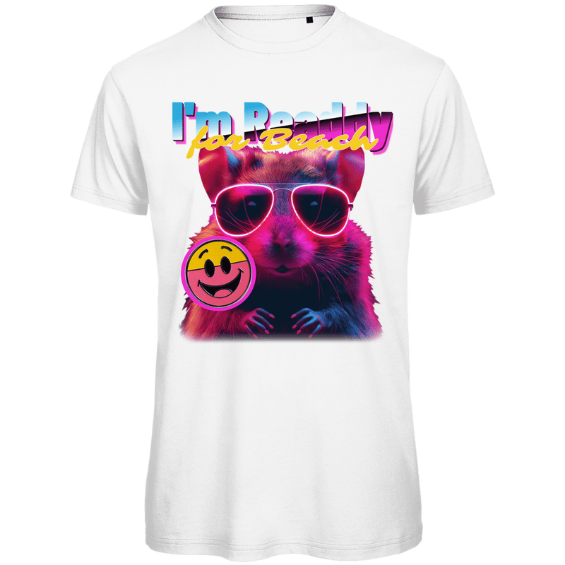 Herren Funshirt mit Hamster, I’M BEACH READDY. Bunter Print auf White Stoff. Fernweh zum Anziehen? travelPrint4U.de