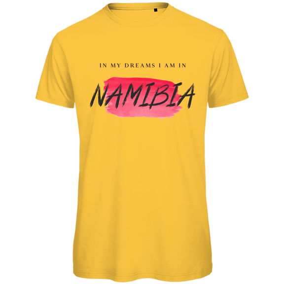 T Shirt für Herren in der Farbe Gold mit Print: IN MY DREAMS I AM IN NAMIBIA. Fernweh zum Anziehen? travelPrint4U.de