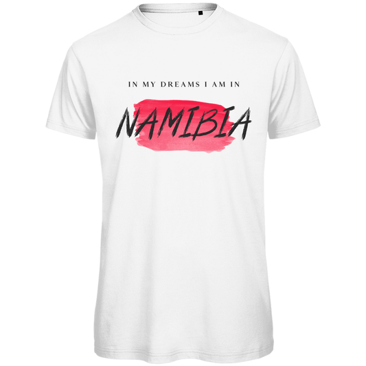 T Shirt für Herren in der Farbe White mit Print: IN MY DREAMS I AM IN NAMIBIA. Fernweh zum Anziehen? travelPrint4U.de
