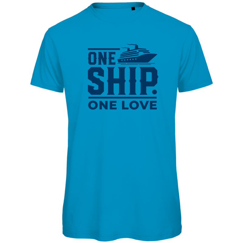 T Shirt für Herren mit großem ONE SHIP ONE LOVE Print. Stoff-Farbe: Atoll. Fernweh zum Anziehen? travelPrint4U.de