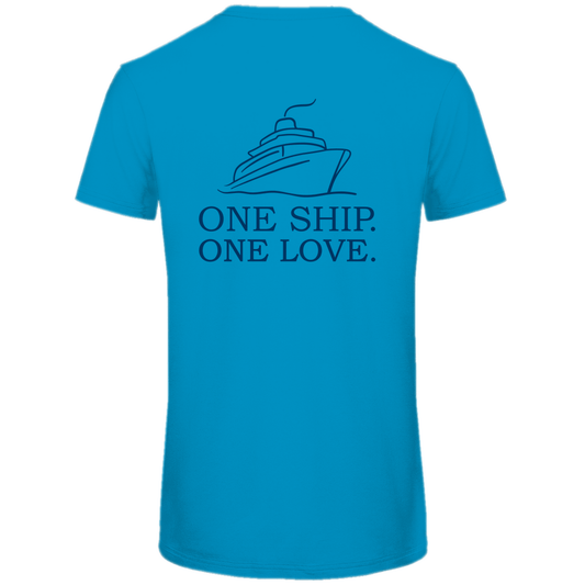 T Shirt für Herren mit ONE SHIP ONE LOVE Print (blau). Stoff-Farbe: Atoll. Fernweh zum Anziehen? travelPrint4U.de