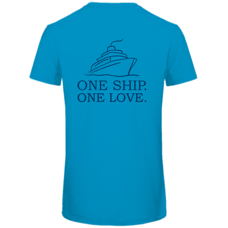 T Shirt für Herren mit ONE SHIP ONE LOVE Print (blau). Stoff-Farbe: Atoll. Fernweh zum Anziehen? travelPrint4U.de