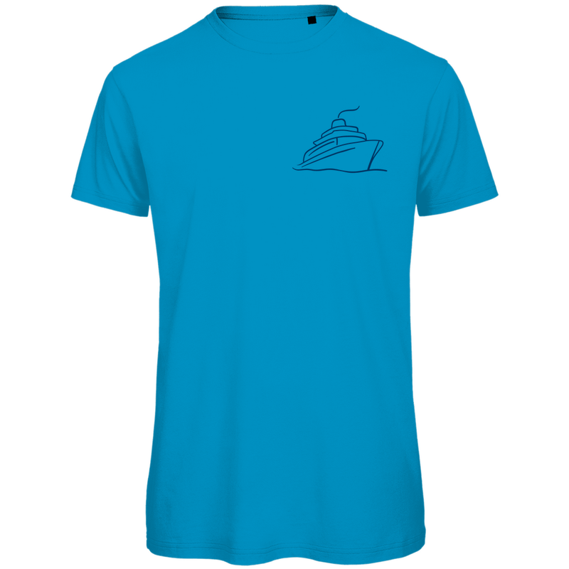 T Shirt für Herren mit ONE SHIP ONE LOVE Print (blau). Stoff-Farbe: Atoll. Fernweh zum Anziehen? travelPrint4U.de