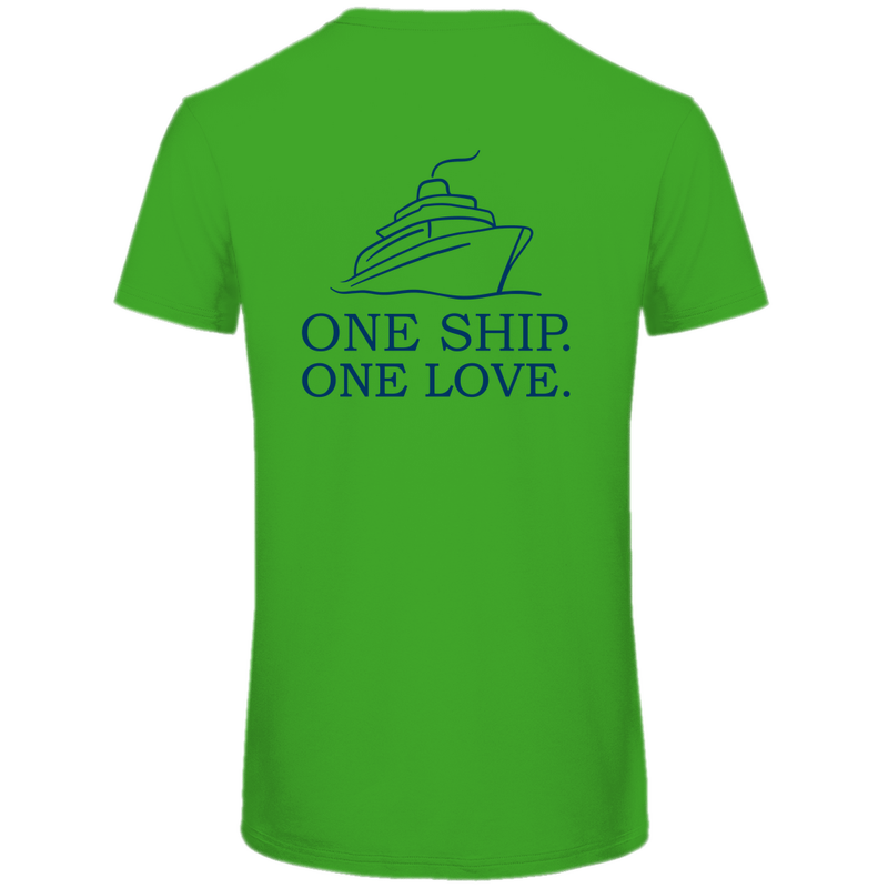 T Shirt für Herren mit ONE SHIP ONE LOVE Print (blau). Stoff-Farbe: Real Green. Fernweh zum Anziehen? travelPrint4U.de