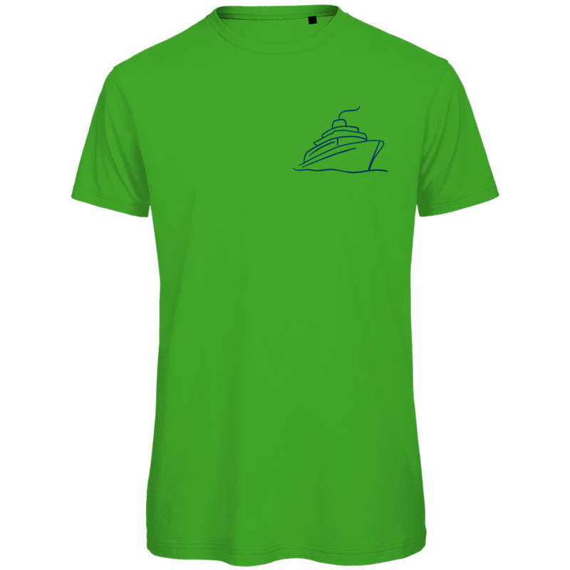 T Shirt für Herren mit ONE SHIP ONE LOVE Print (blau). Stoff-Farbe: Real Green. Fernweh zum Anziehen? travelPrint4U.de