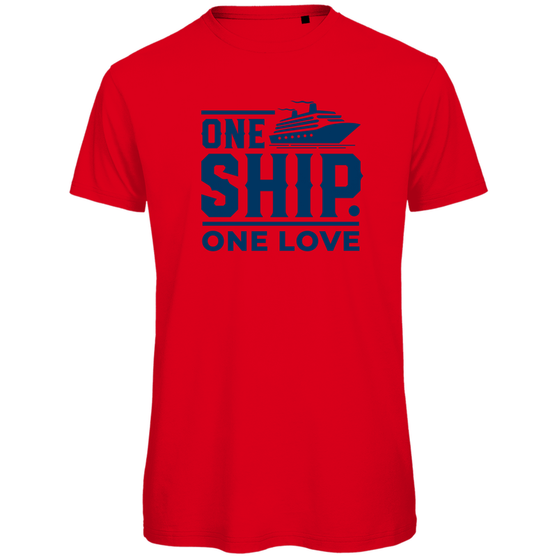 T Shirt für Herren mit großem ONE SHIP ONE LOVE Print. Stoff-Farbe: Red. Fernweh zum Anziehen? travelPrint4U.de