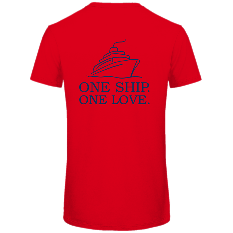 T Shirt für Herren mit ONE SHIP ONE LOVE Print (blau). Stoff-Farbe: Red. Fernweh zum Anziehen? travelPrint4U.de