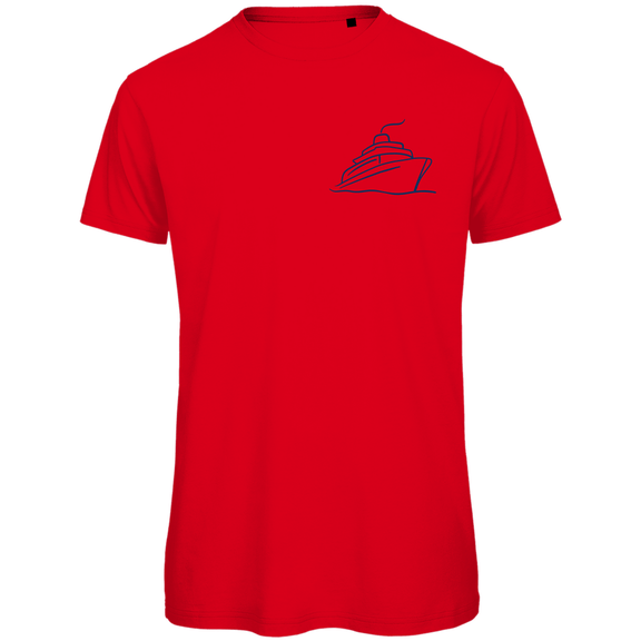 T Shirt für Herren mit ONE SHIP ONE LOVE Print (blau). Stoff-Farbe: Red. Fernweh zum Anziehen? travelPrint4U.de