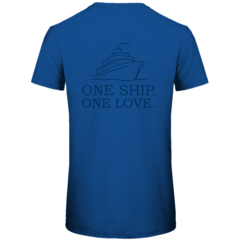 T Shirt für Herren mit ONE SHIP ONE LOVE Print (blau). Stoff-Farbe: Royal Blue. Fernweh zum Anziehen? travelPrint4U.de