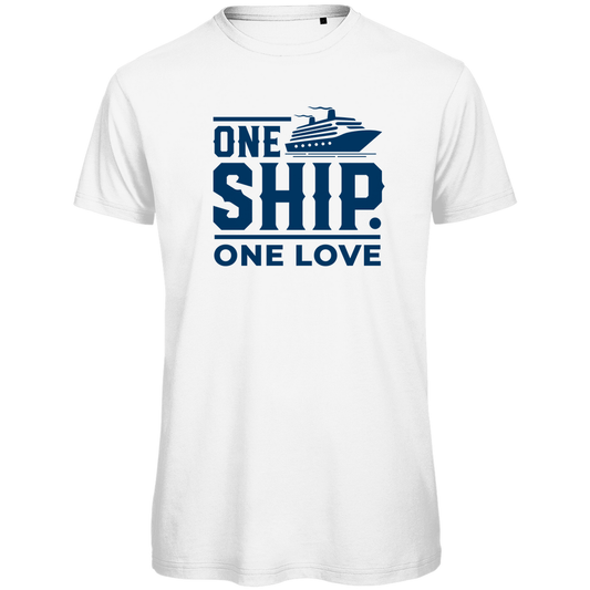 T Shirt für Herren mit großem ONE SHIP ONE LOVE Print. Stoff-Farbe: White. Fernweh zum Anziehen? travelPrint4U.de