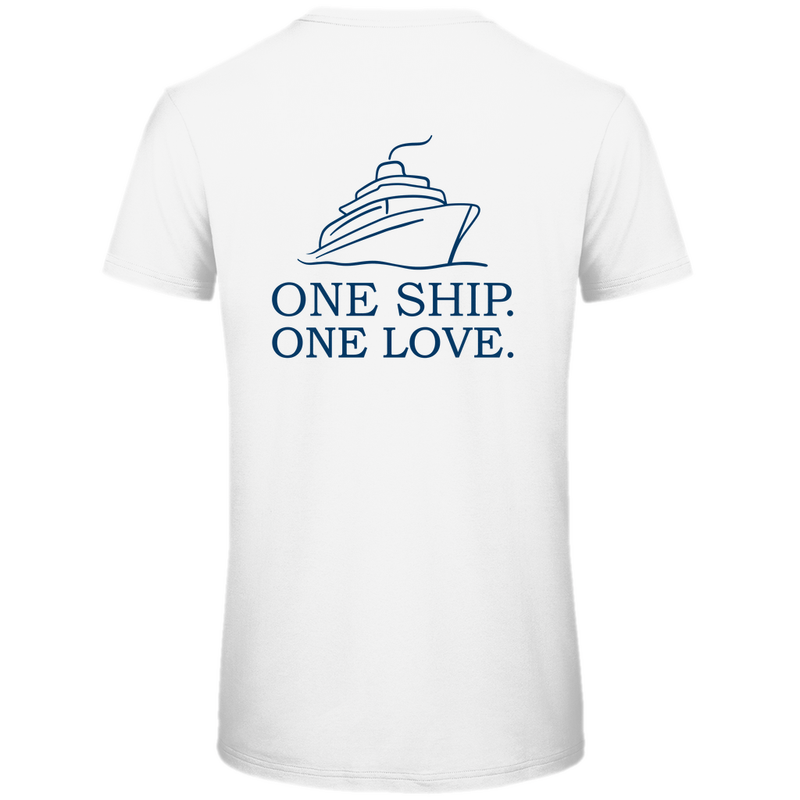 T Shirt für Herren mit ONE SHIP ONE LOVE Print (blau). Stoff-Farbe: White. Fernweh zum Anziehen? travelPrint4U.de