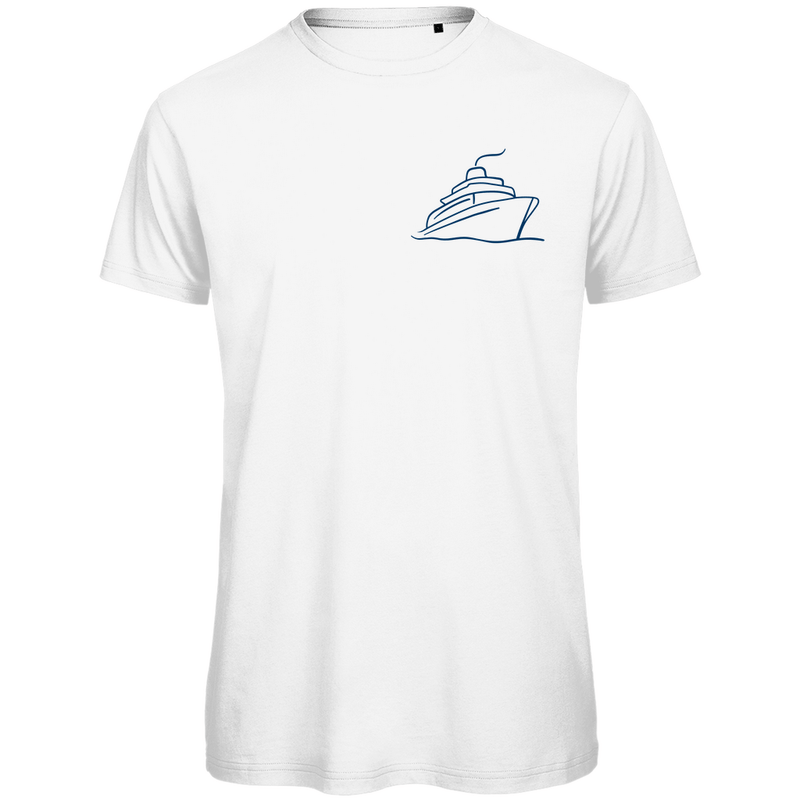 T Shirt für Herren mit ONE SHIP ONE LOVE Print (blau). Stoff-Farbe: White. Fernweh zum Anziehen? travelPrint4U.de