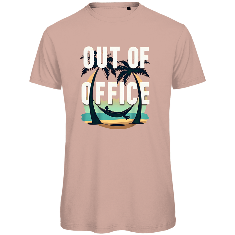 T Shirt für Herren mit buntem OUT OF OFFICE Print. Stoff-Farbe: Millennial Pink. Fernweh zum Anziehen? travelPrint4U.de