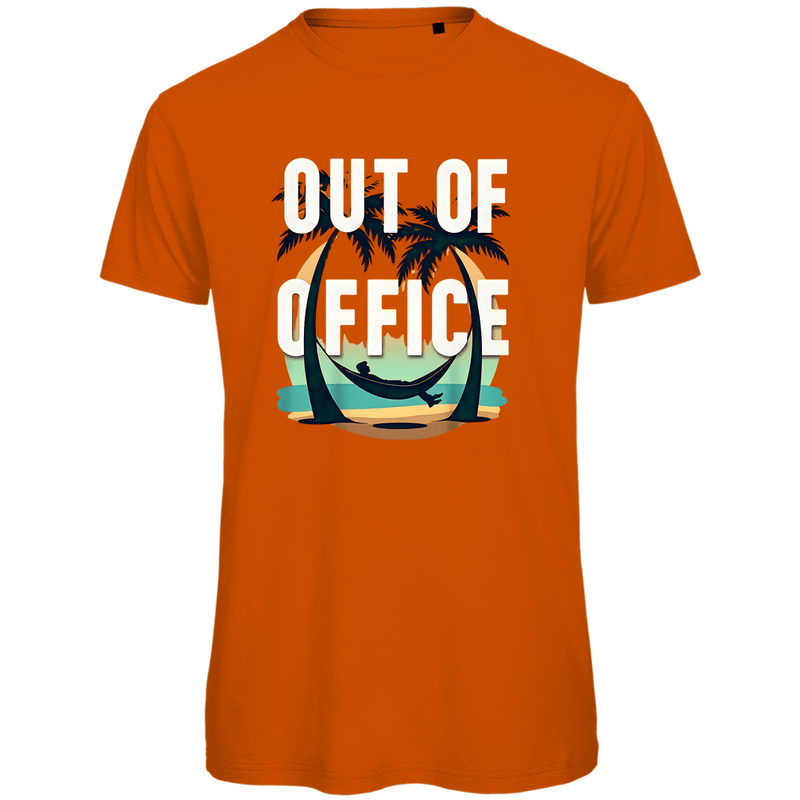 T Shirt für Herren mit buntem OUT OF OFFICE Print. Stoff-Farbe: Orange. Fernweh zum Anziehen? travelPrint4U.de