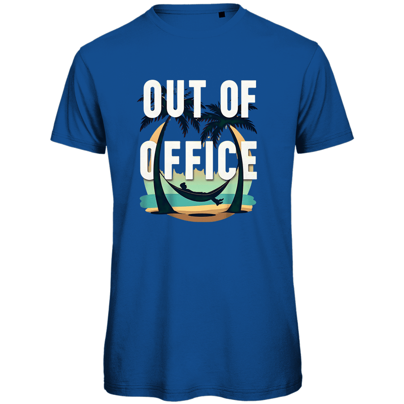T Shirt für Herren mit buntem OUT OF OFFICE Print. Stoff-Farbe: Royal Blue. Fernweh zum Anziehen? travelPrint4U.de