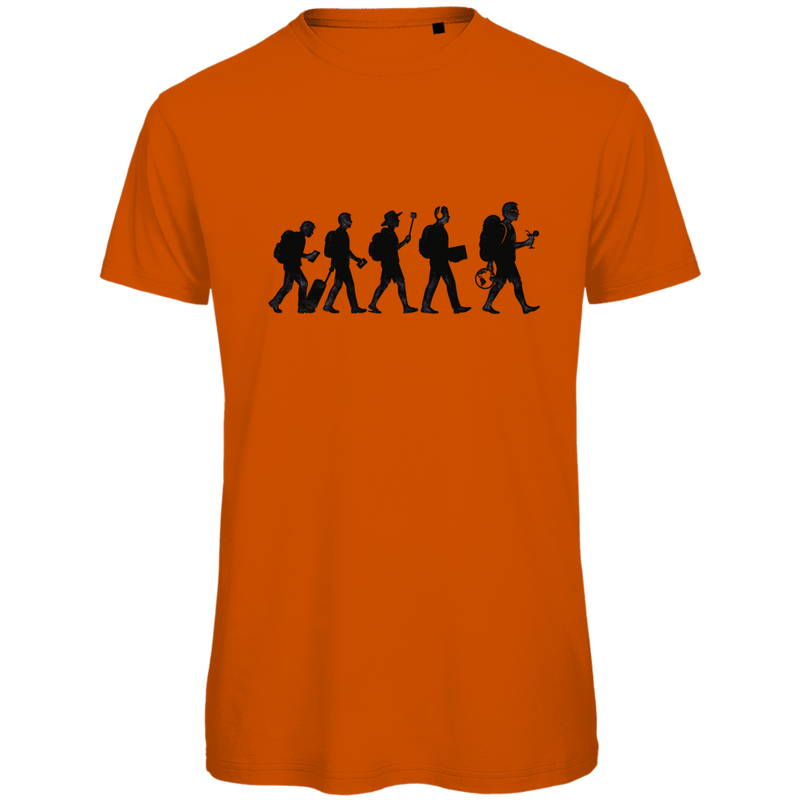T Shirt für Herren mit dem TOURIST EVOLUTION Print. Stoff-Farbe: Orange. Fernweh mal Lustig? travelPrint4U.de