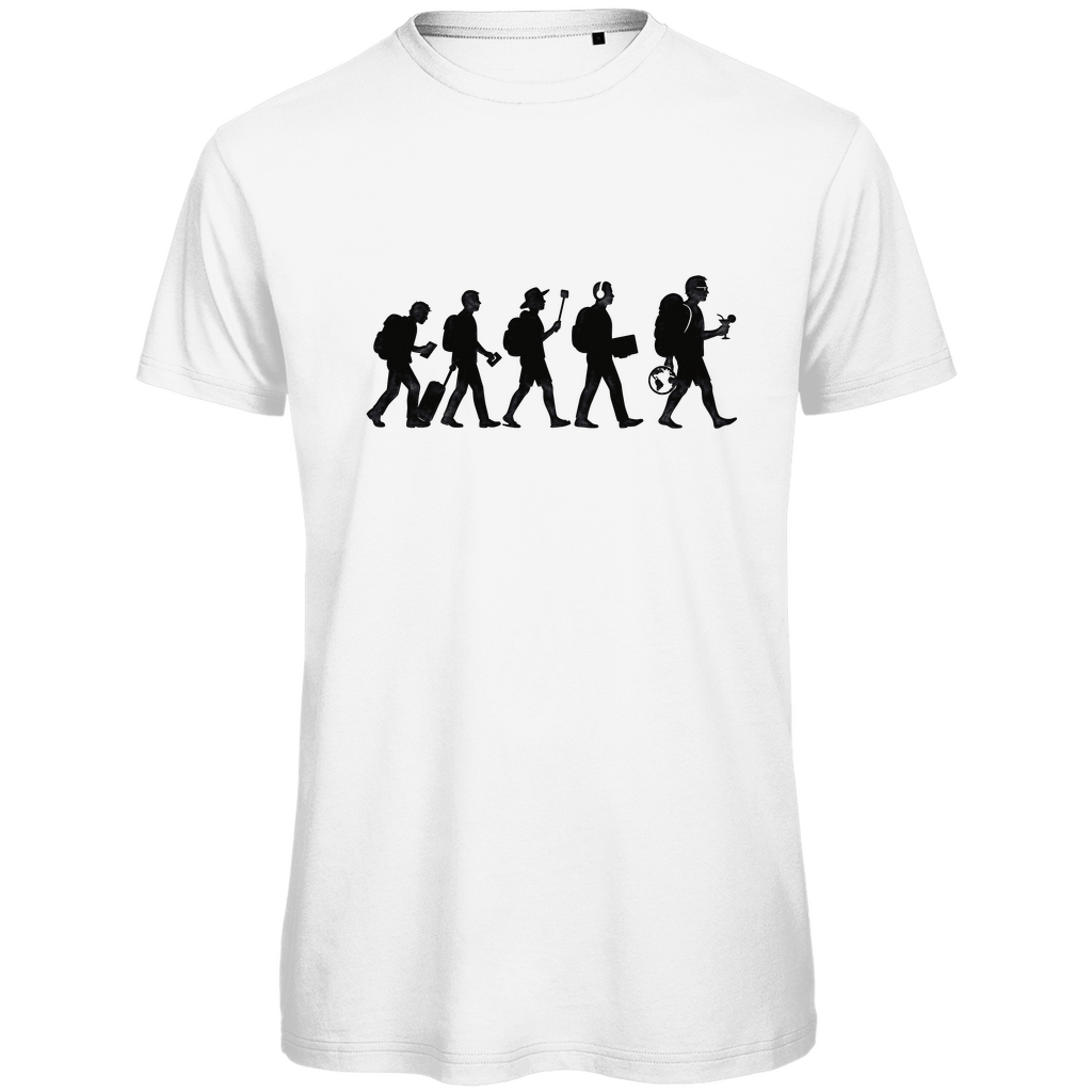 T Shirt für Herren mit dem TOURIST EVOLUTION Print. Stoff-Farbe: White. Fernweh mal Lustig? travelPrint4U.de